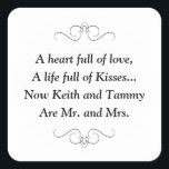 Mr. and Mrs. Square Sticker<br><div class="desc">This charming Mr. and Mrs. square sticker features a darling poem personalized with the bride and groom's names. This would be a perfect sticker to accent a favour box holding Hershey Kisses. Matching products available.</div>