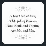 Mr. and Mrs. Square Sticker<br><div class="desc">This charming Mr. and Mrs. square sticker features a darling poem personalized with the bride and groom's names. This would be a perfect sticker to accent a favour box holding Hershey Kisses. Matching products available.</div>