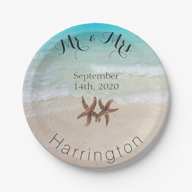 Mr. and Mrs. Starfish Beach Wedding Paper Plates (Front)