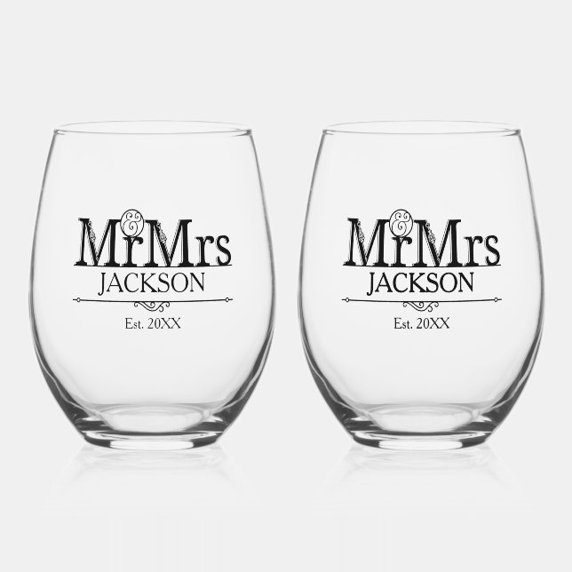 Mr. and Mrs. Stemless Wine Glass (Front)