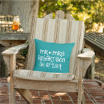 Mr and Mrs turquoise blue wedding throw pillows<br><div class="desc">Custom Mr and Mrs chalk writing wedding throw pillow with vintage love heart. Personalized chalk board pillow cushions for indoor or outdoor. Looks great on sofa or bed. Fun design with white heart and name of newly wed couple. Cute home decor personalized for bride and groom / husband and wife....</div>