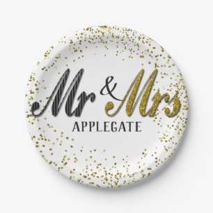 Mr and Mrs Tuxedo Gold Personalized Custom Wedding Paper Plate