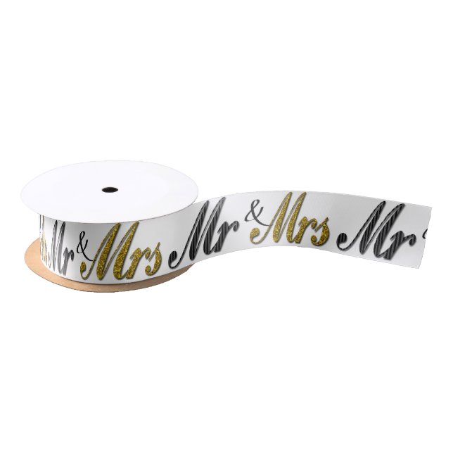 Mr and Mrs Tuxedo Gold Sparkle Wedding Satin Ribbon (Spool)