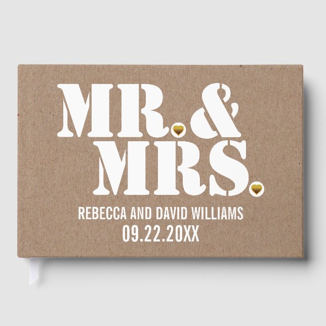 Mr. and Mrs. typography kraft paper rustic wedding Guest Book (Front)