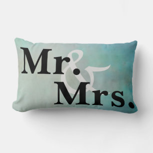 Mr. and Mrs. typography pillow teal blue ombre
