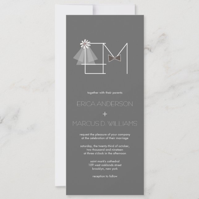 Mr and Mrs Veil & Bow Tie Monogram Wedding Invite (Front)