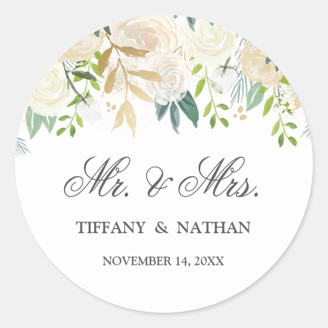 Mr and Mrs Watercolor Floral Gold Sticker (Front)