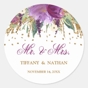Mr and Mrs Watercolor Floral Sparkling Amethyst Classic Round Sticker
