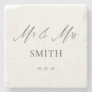 Mr and Mrs Wedding Backdrop Banner Elegant Stone Coaster