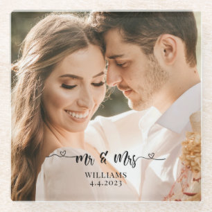 Mr. and Mrs. Wedding Couple Glass Coaster