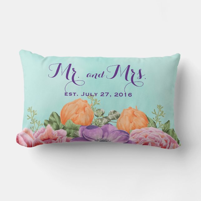 Mr and Mrs Wedding Date Watercolor Flowers Lumbar Pillow (Front)