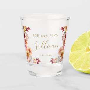 Mr and Mrs Wedding fall flowers pumpkins favour Shot Glass