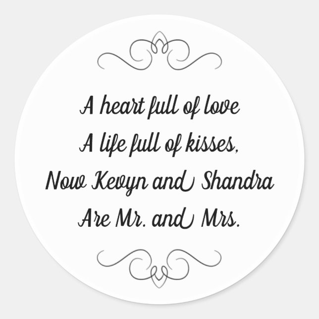 Mr and Mrs Wedding Kisses Poem Classic Round Sticker (Front)
