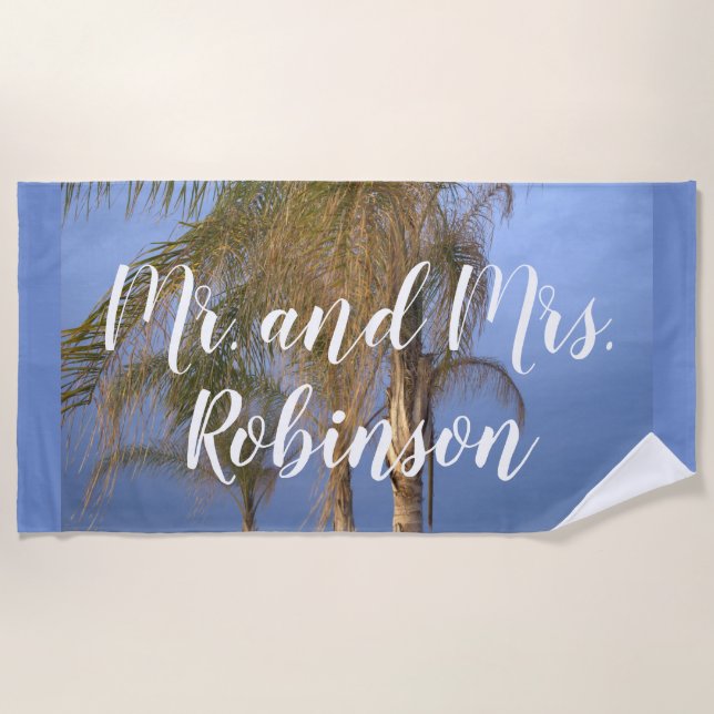 Mr. and Mrs. Wedding Palm Trees Beach Towel (Front)