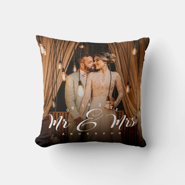 Mr and Mrs Wedding Photo Keepsake Throw Pillow (Front)