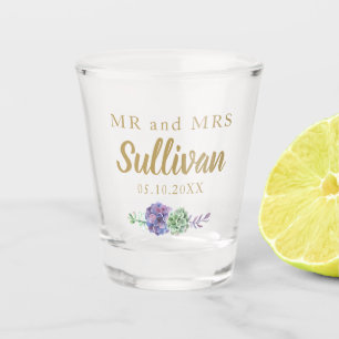 Mr and Mrs Wedding purple succulents favour idea Shot Glass