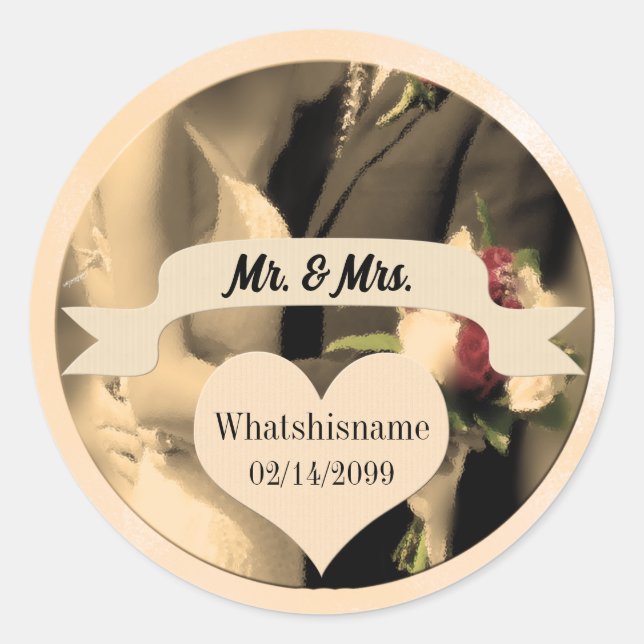 Mr and Mrs Wedding with Name and Date in Sepia Classic Round Sticker (Front)