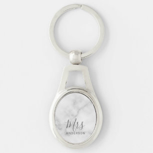 Mr and Mrs   White Marble Modern Script Wedding Keychain