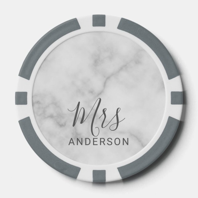 Mr and Mrs | White Marble Modern Script Wedding Poker Chips (Front)
