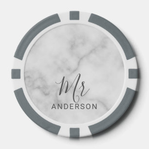 Mr and Mrs   White Marble Modern Script Wedding Poker Chips