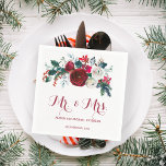 Mr and Mrs winter floral bouquet Christmas wedding Napkin<br><div class="desc">Classy personalized wedding paper napkins featuring a red burgundy and white botanical peony flowers bouquet with winter seasonal pine green fir branches, red berries, and foliage on simple white background with editable text. Suitable for winter / Christmas elegant weddings, bridal or couple showers, anniversaries or other seasonal parties, receptions, cocktails....</div>