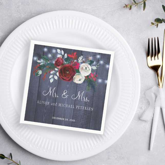 Mr and Mrs winter red peonies Christmas wedding Napkin (Creator Uploaded)