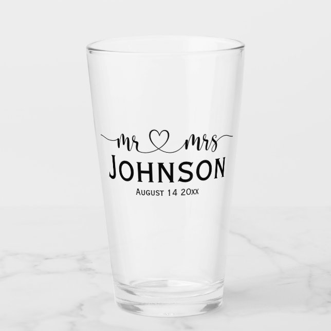 Mr and Mrs with heart typography custom wedding Glass (Front)