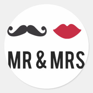mr. and mrs. with moustache and red lips classic round sticker