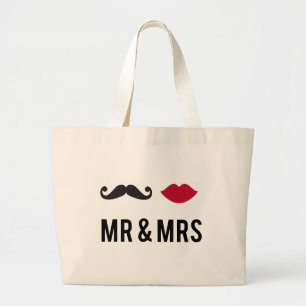 mr. and mrs. with moustache and red lips large tote bag
