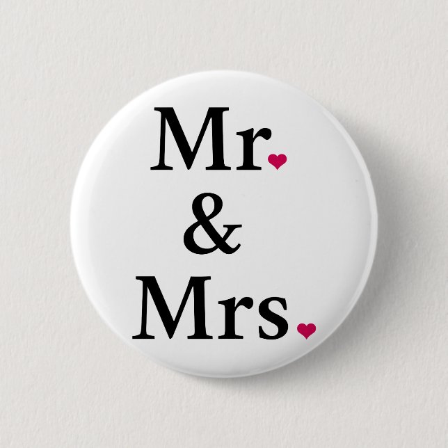 mr. and mrs. with two red hearts 2 inch round button (Front)