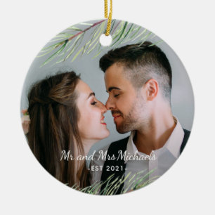 Mr and Mrs with Year and Photo Christmas Ceramic Ornament