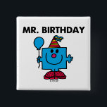 Mr. Birthday | Happy Birthday Balloon 2 Inch Square Button<br><div class="desc">With a wonderful, cone-shaped birthday hat, a blue birthday balloon, and a huge smile, Mr. Birthday is enjoying a celebration of another year in the Mr. Men and Little Miss universe. This design would make a great addition to any birthday gift you are thinking about purchasing for a friend or...</div>