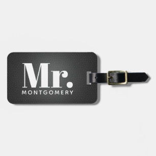 Mr. Black Leather Script Monogrammed Name Luggage Tag