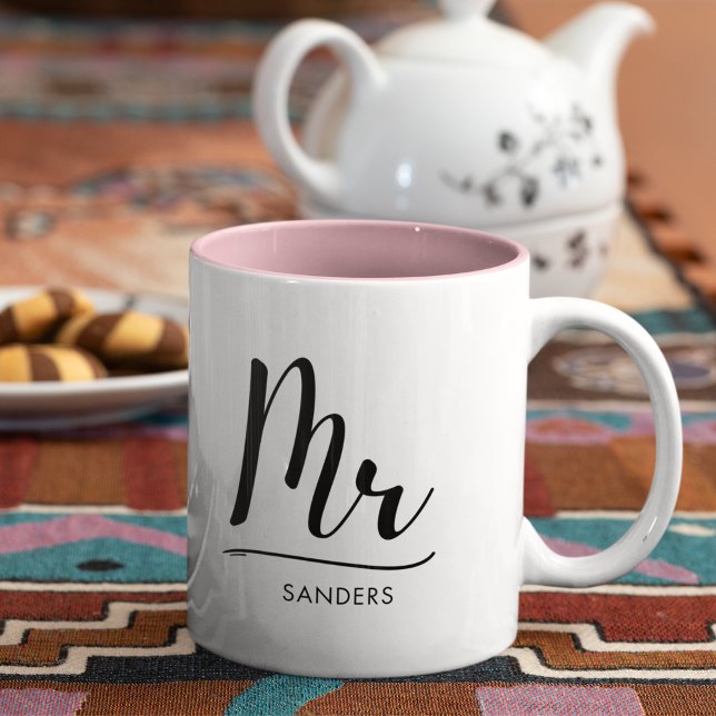 Mr Black Modern Script Monogram Boda Two-Tone Coffee Mug (Creator Uploaded)
