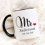Mr. Black Script Married Monogram Wedding Mug<br><div class="desc">Personalized coffee mugs for the newly married Mr. and Mrs. feature elegant black script and custom last name and wedding date monogram text that can be personalized. Design includes a cute red heart detail. Makes a great wedding gift! Shop our store for the coordinating mug design.</div>