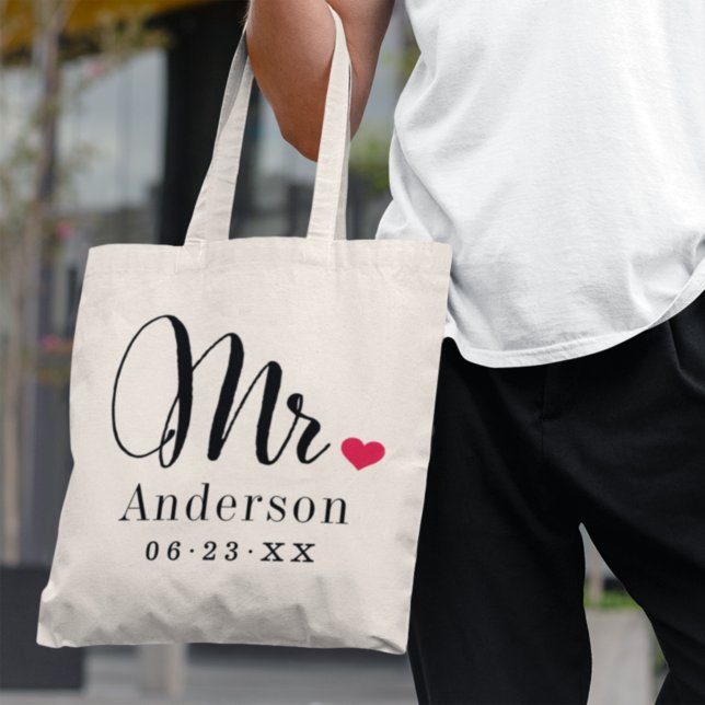 Mr. Black Script Married Monogram Wedding Tote Bag (Creator Uploaded)