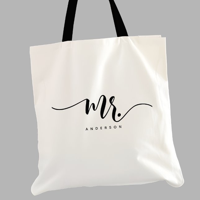 Mr Black White Newlywed Groom Script Personalized Tote Bag (Creator Uploaded)