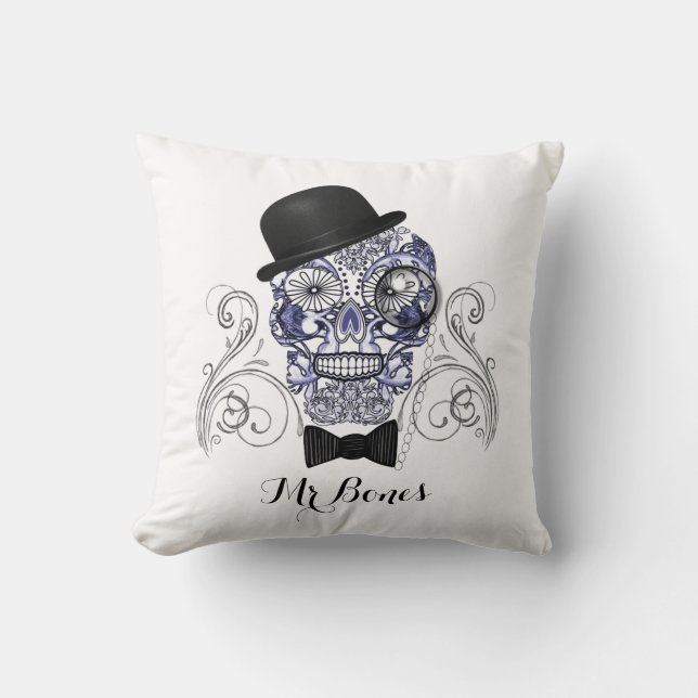Mr Bones Fun Ornate Sugar Skull Design Throw Pillow (Front)