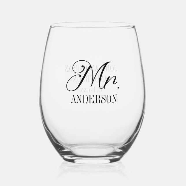 Mr. Bride Groom Wedding Reception Customized Stemless Wine Glass (Front)