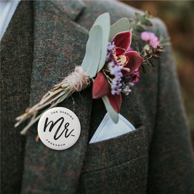 Mr. Brush Script Bow Tie Wedding Bachelor Party 2 Inch Round Button ('Mr.' Bow Tie Black Brush Script Calligraphy Wedding Rehearsal Pin Button @ fatfatin_blue_knot)