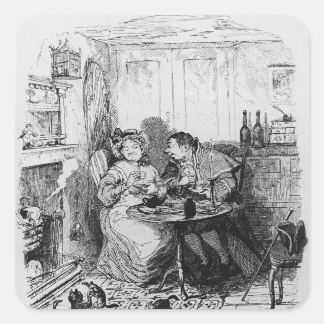 Mr Bumble and Mrs Corney taking tea Square Sticker (Front)