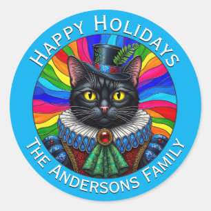 Mr Cat, Victorian Black Cat in Hat, Happy Holidays Classic Round Sticker