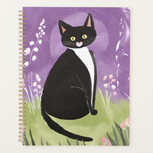 Mr. Chonk Tuxedo Cat Purple Watercolor Planner