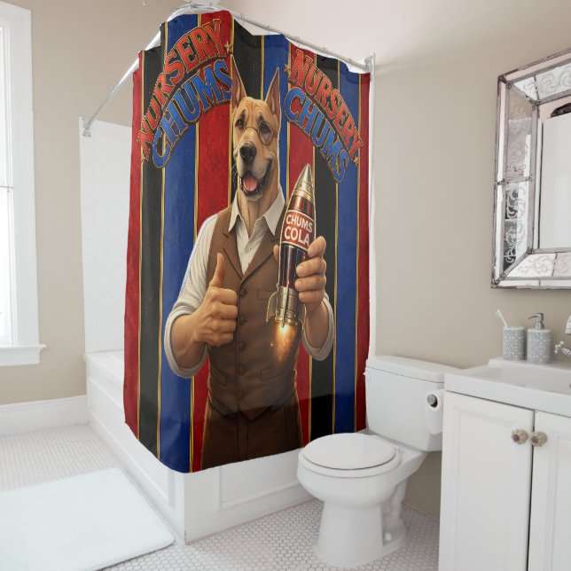 Mr. Chums shower curtain./chal cola bathroom  (In Situ)