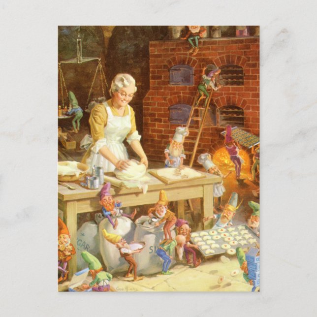 Mr. Claus and Santa's Elves Bake Cookies Holiday Postcard (Front)