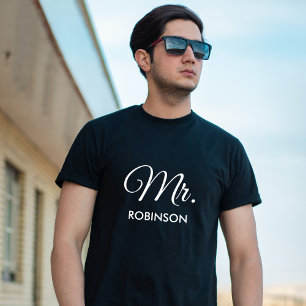 Mr Custom Name Newlywed White Script Black Mens T-Shirt