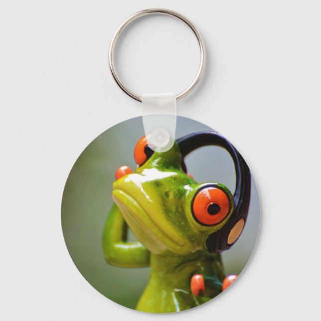 Mr. Frog with Headphones Button Keychain (Front)