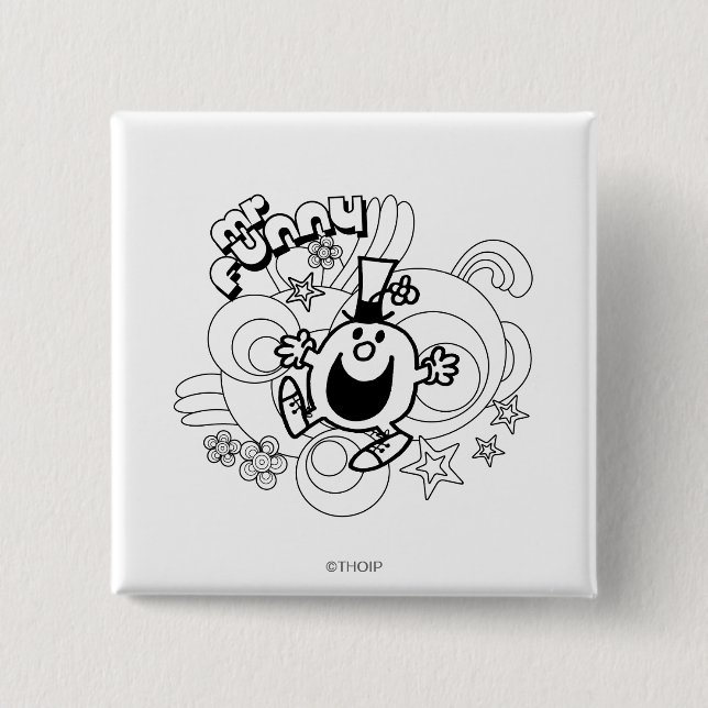 Mr. Funny | Black & White Swirls & Stars 2 Inch Square Button (Front)