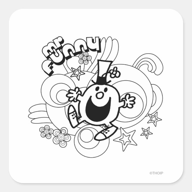 Mr. Funny | Black & White Swirls & Stars Square Sticker (Front)