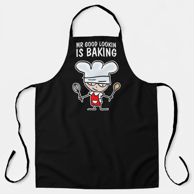 Mr good lookin is baking funny cartoon chef BBQ Apron (Front)
